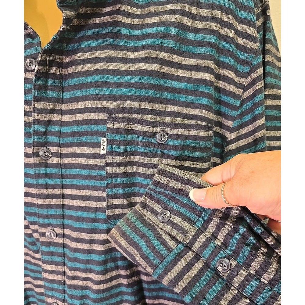 Levis Linen Blend Denim Shirt Mens XXL Striped Blue Western Cowboy Rodeo Ranch - Picture 3 of 7